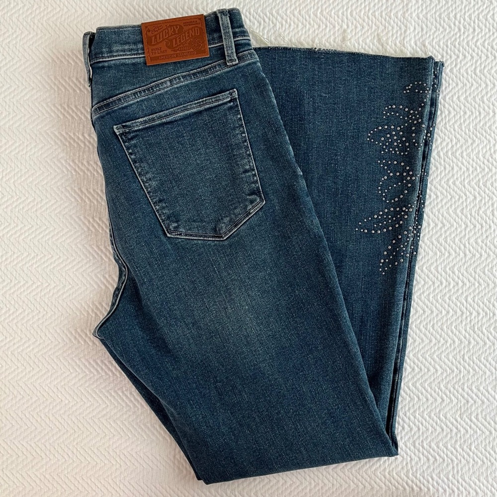 Lucky Brand Stevie High Rise Flare Jeans Studded Raw Hem Lucky Legend 14/32A